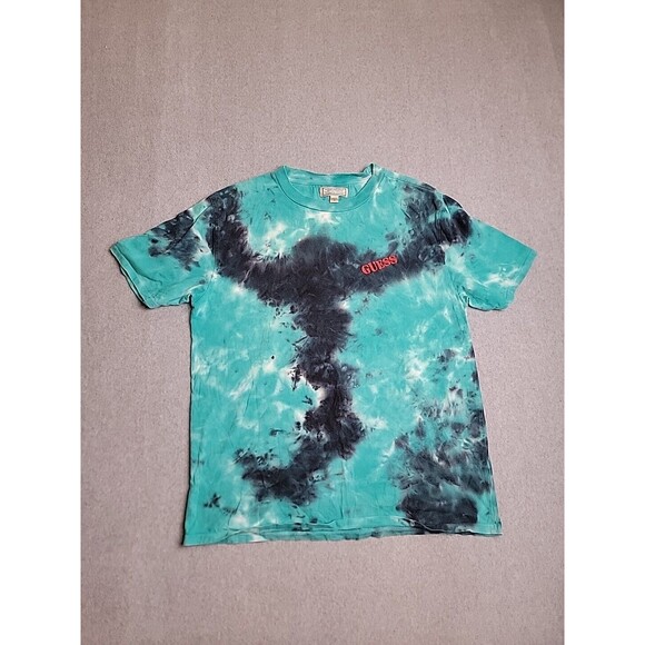 Vintage Guess Shirt Mens M Blue Black Tie Dye Graphic Flag Embroidered 90s - Picture 7 of 15